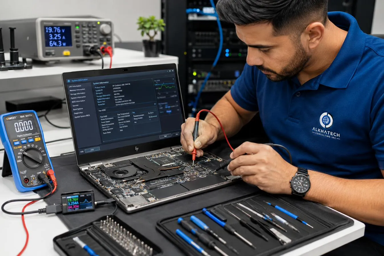 Technician in an ALKHATECH polo testing a laptop with a multimeter at a repair bench