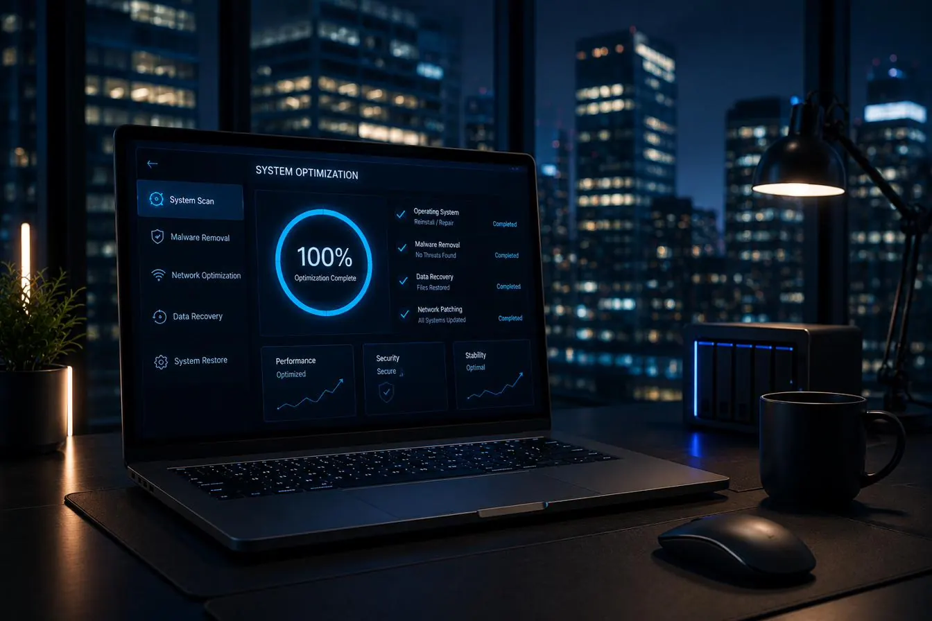 A laptop showing a system optimization screen on a desk in front of a night city skyline