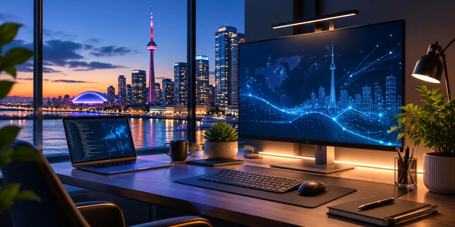 A desk with a laptop and monitor looking out over the Toronto skyline at dusk