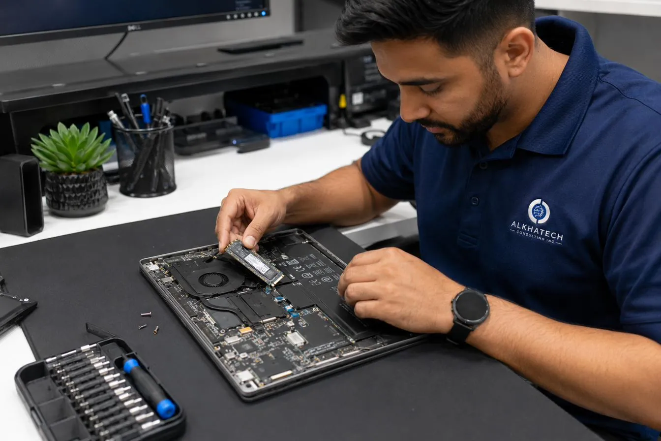 Technician swapping an SSD inside an open laptop