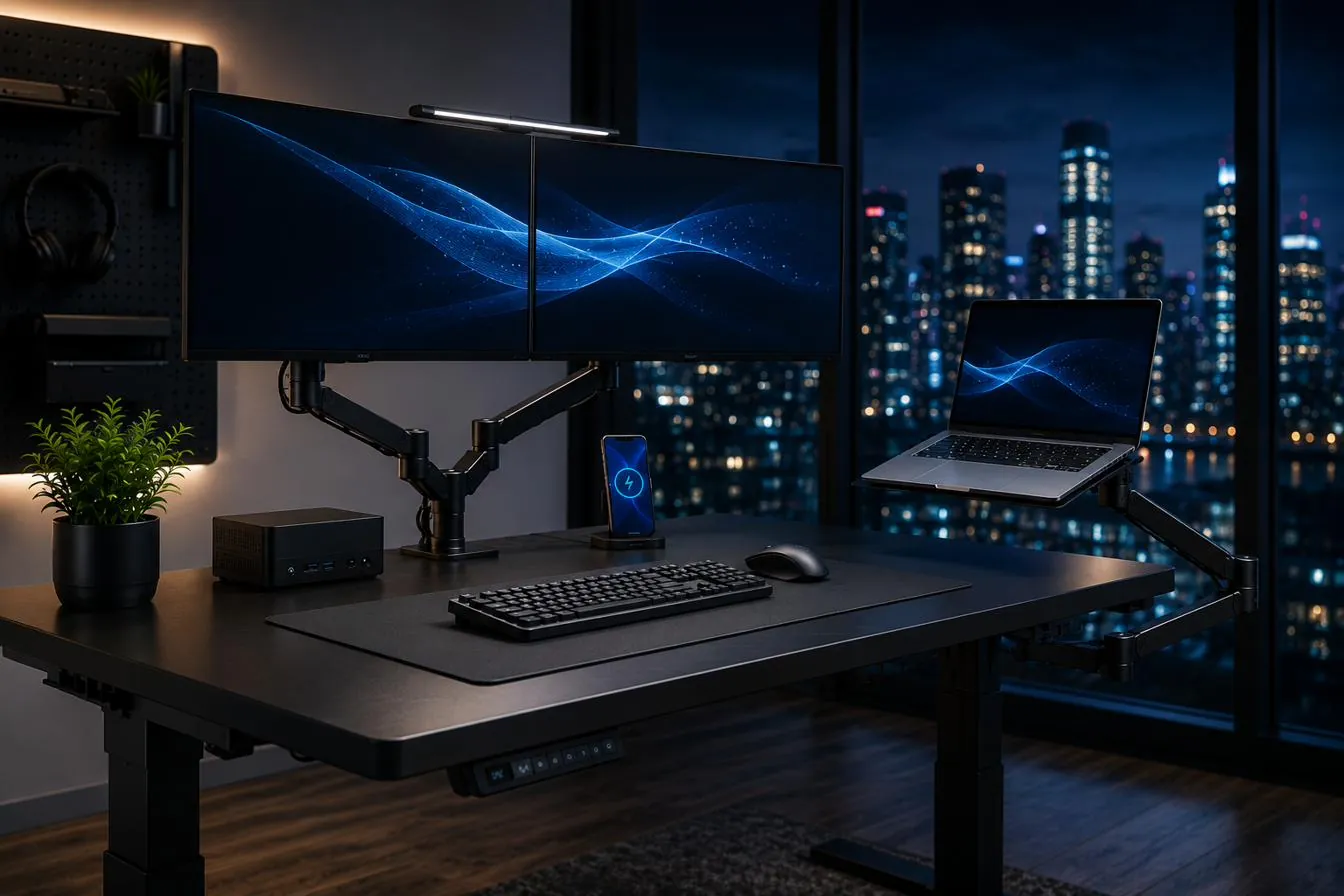 Dual-monitor standing desk workstation with city view at night